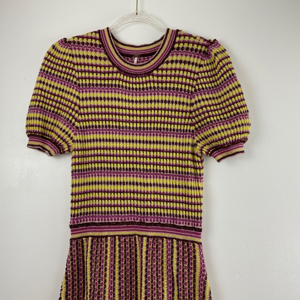 NEW FREE PEOPLE Into You  Shimmer Mini SweaterDress Pink Metallic Retro Stripe - Picture 7 of 16